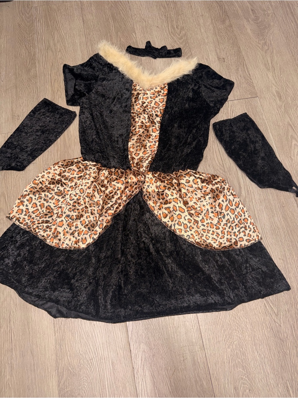 Girls Black and Leopard Print Costume Dress with Faux Fur Trim